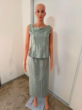 Vintage Sage Green Two Piece Set Satin Formal Top Skirt Open Back Midi